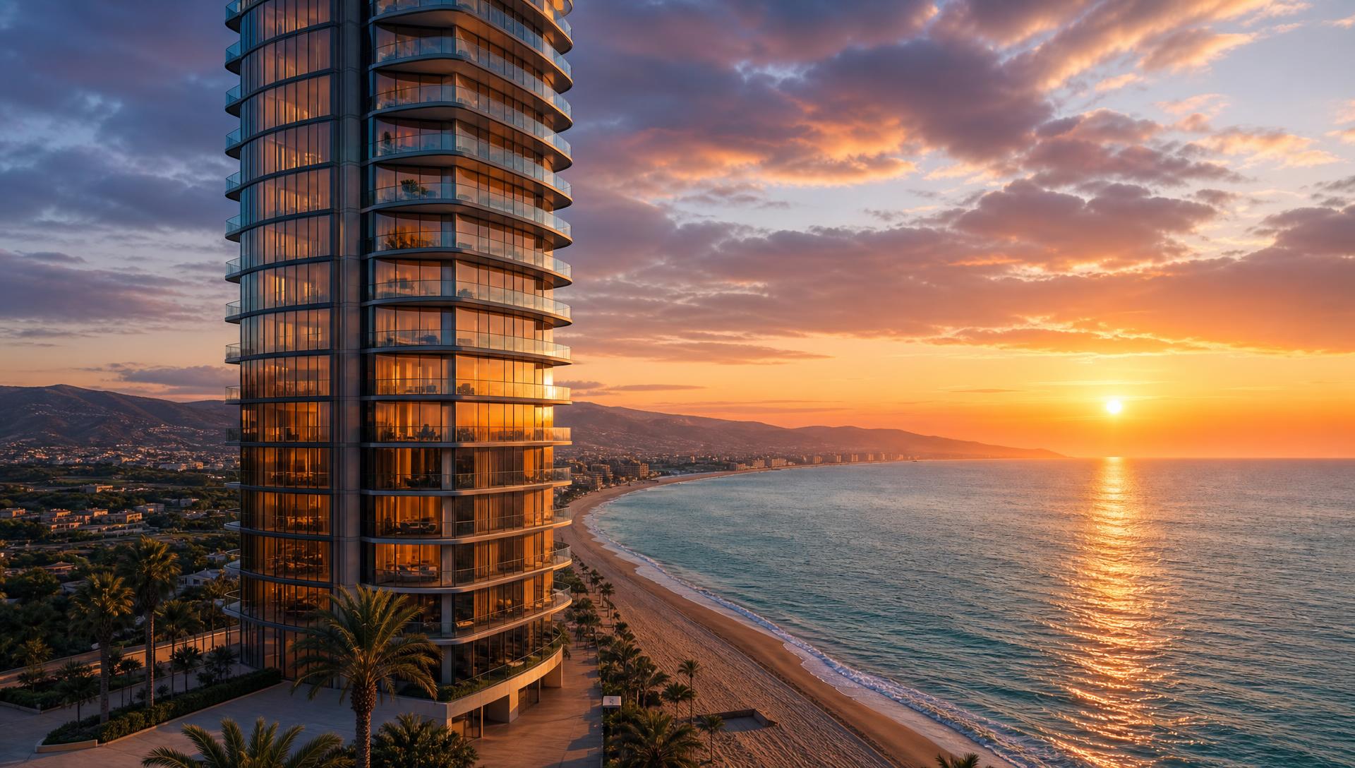 Luxury seafront tower on the Spanish Mediterranean coast at sunset